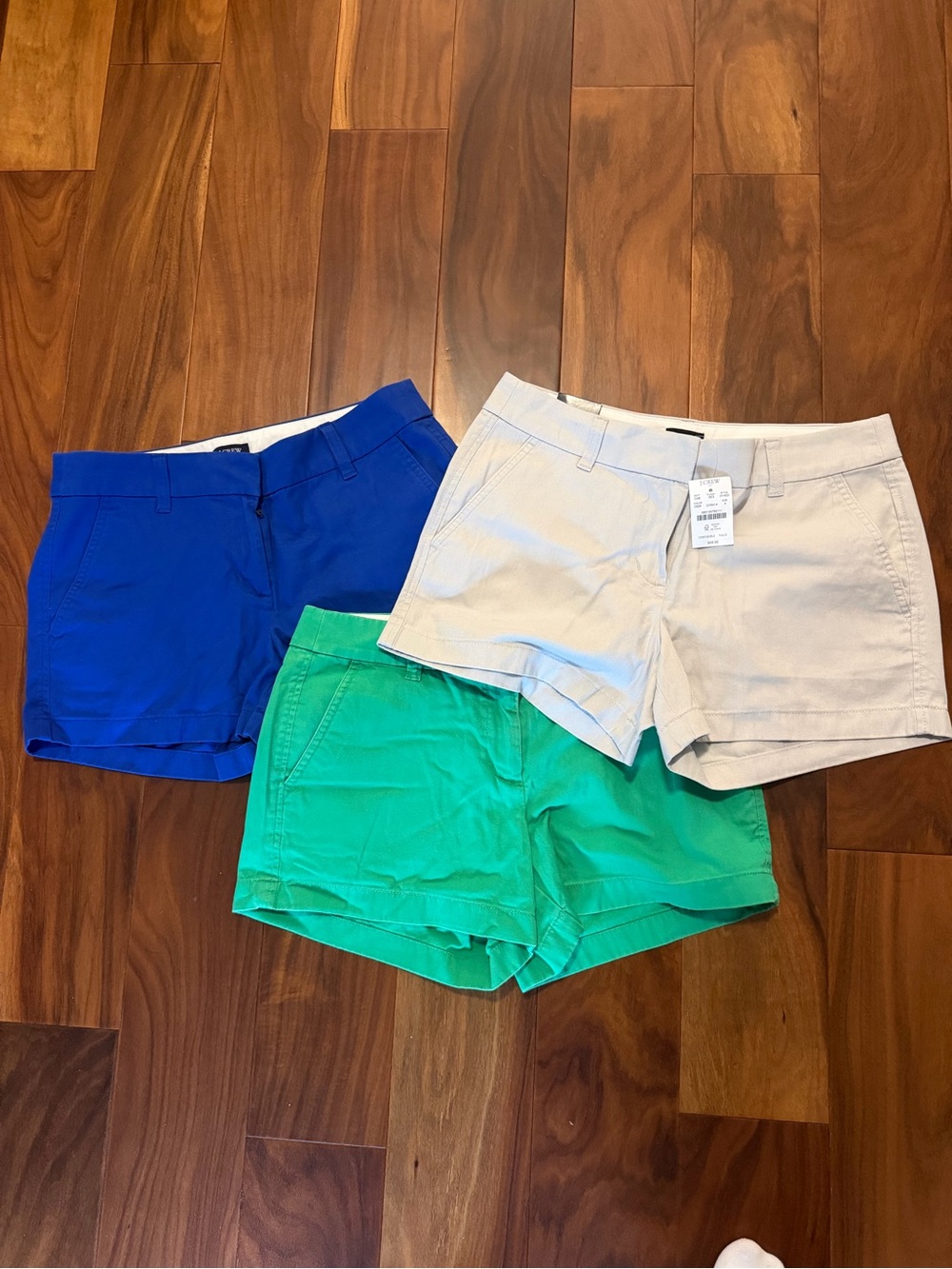 J. Crew 5” Women’s Chino Shorts in Royal Blue, Kelly Green & Light Tan